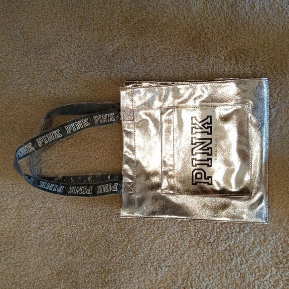 NWT PINK Victoria Secret Silver Metallic Tote Bag Signature Logo - Picture 2 of 10